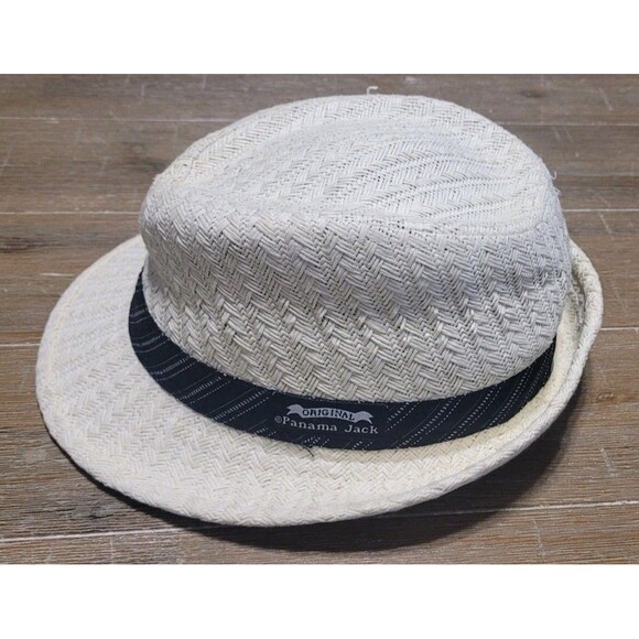 Panama Jack Striped Band Fedora Hat Medium Soft Matte Straw White Sun Cap - Picture 1 of 5